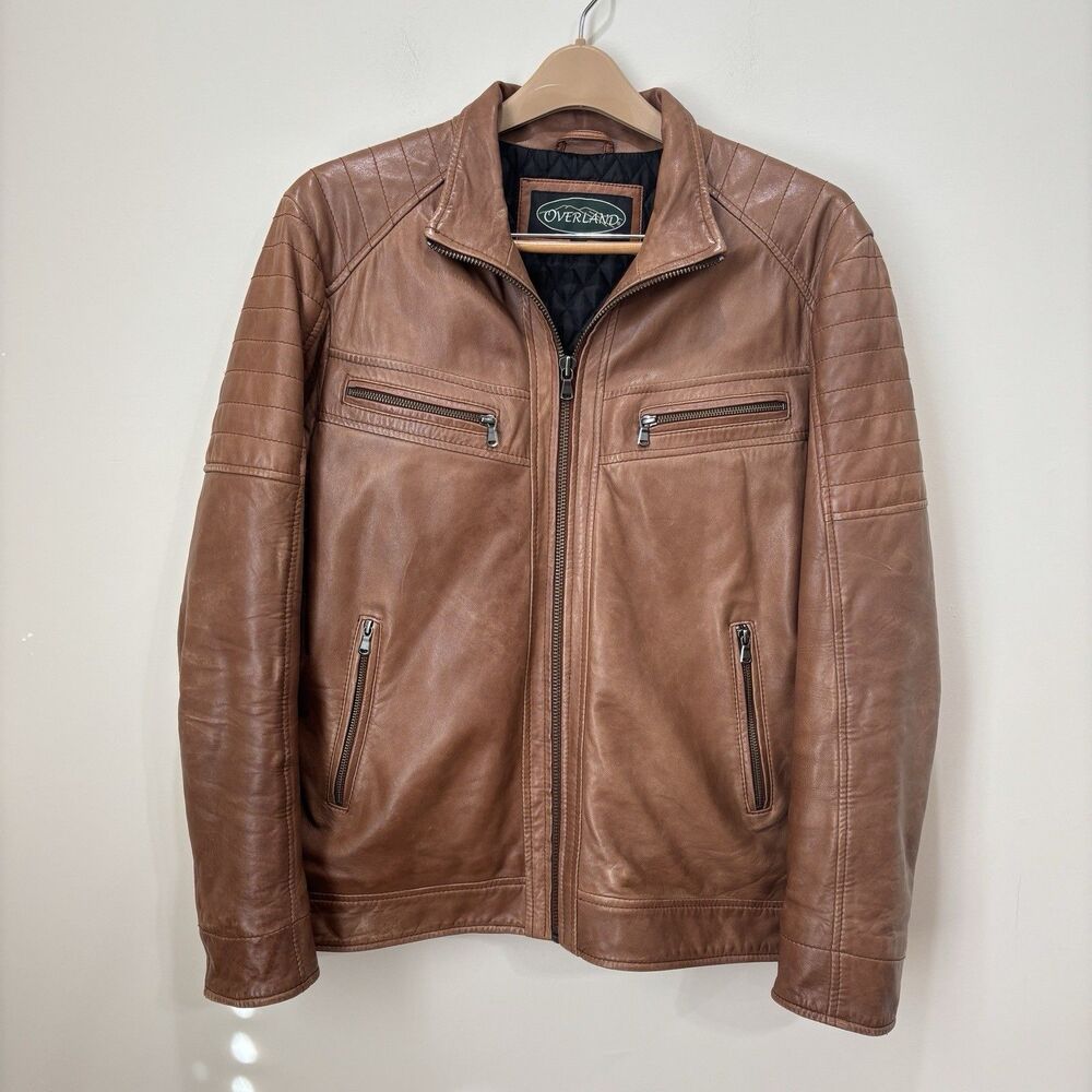 Overland Udo Waxed 100% Leather Jacket Moto Men L Wool Quilt Lined Biker